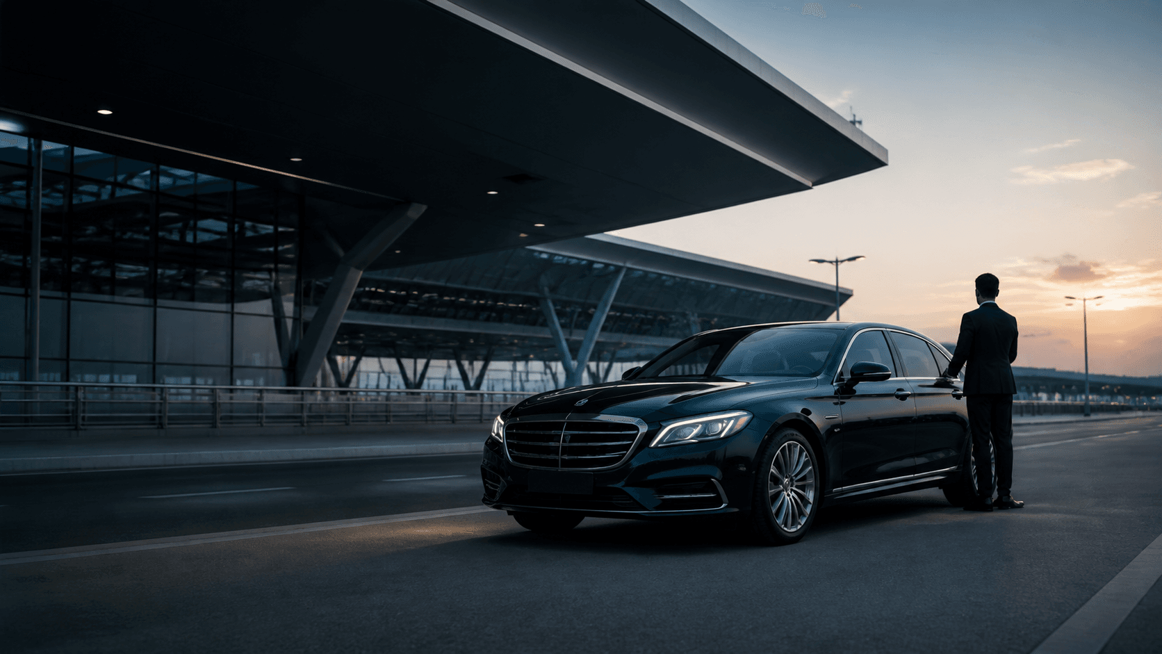 Illustrative private sedan waiting at an international airport terminal
