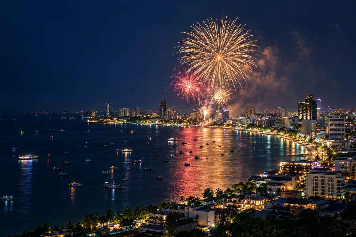 Fireworks above Pattaya Bay, with the curved beachfront and city lights reflected in the water.